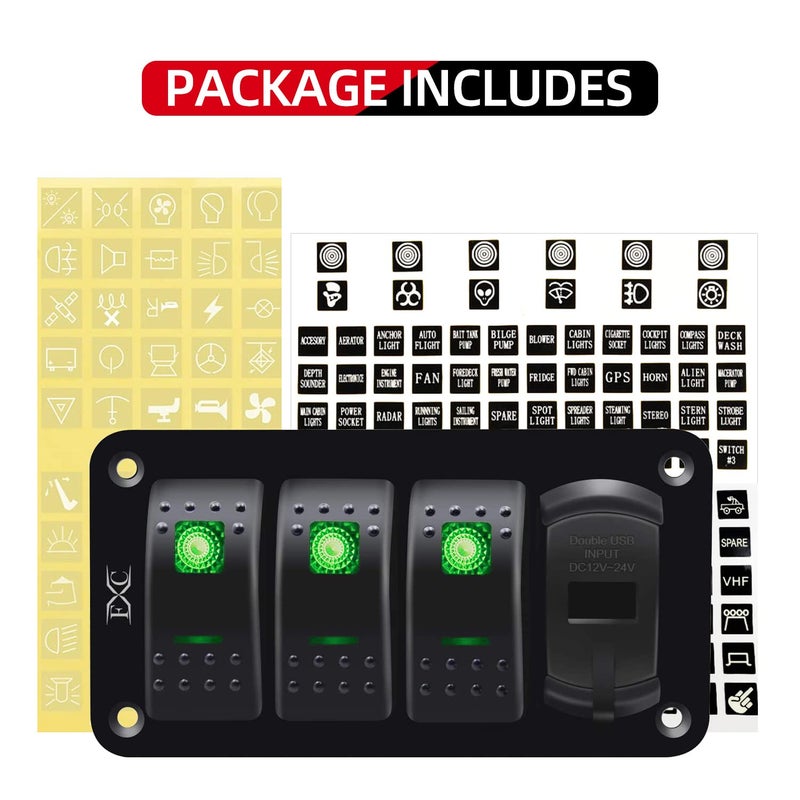 FXC 12V 24V DC 3 Gang Rocker Switch Aluminum Panel with Voltmeter & Dual USB(4.8 A) Fast Charging, Green Backlit Led, Pre-Wired Waterproof for Marine, Boat, Car, Truck, Polaris, Jeep (Green) - Image 4